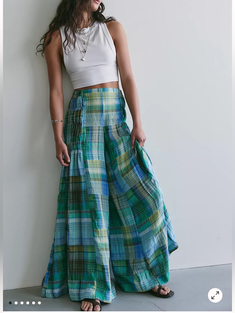 Free People Swept Off Madras Pants XS Electric Blue Combo NWT Wide Leg Plaid